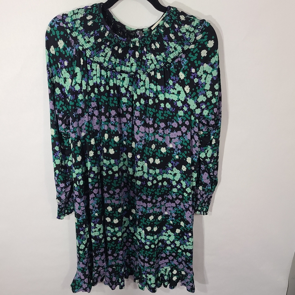 Loft Women's Size Medium M Purple Green Floral Smocked Flounce Dress Long Sleeve